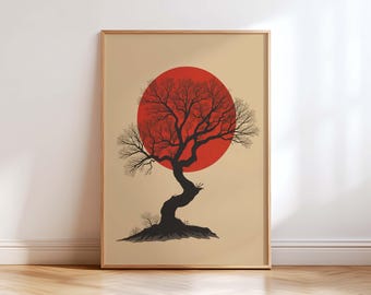 Minimalist Zen Tree Wall Art Print, Japanese Red Sun Poster, Wabi Sabi Nature Art for Modern Home Decor