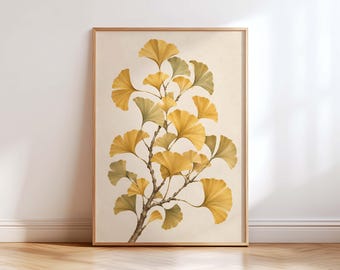Golden Ginkgo Wall Art Print, Japanese Botanical Poster, Japandi Decor, Vintage Ginkgo Leaf Art, Neutral Nature Wall Decor