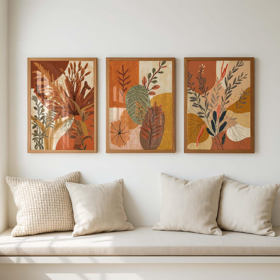 Boho Botanical Wall Art Set of 3, Terracotta Abstract Leaf Prints, Mid ...