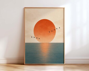 Japandi Sunset Wall Art Print, Minimalist Ocean Landscape Poster, Wabi Sabi Sun Wall Decor, Neutral Scandinavian Coastal Art