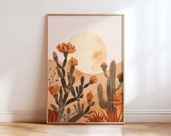 Boho Desert Wall Art Cactus Print, Terracotta Sunset Botanical Poster, Southwestern Wall Decor, Neutral Bohemian Printable Art