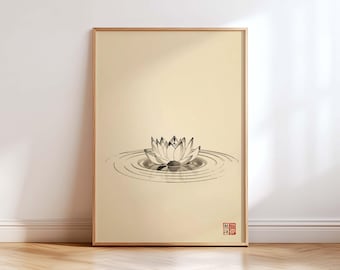 Zen Lotus Wall Art Print, Japandi Minimalist Decor, Sumi Ink Wash Flower, Neutral Beige Meditation Art, Calm Spa Bedroom Poster