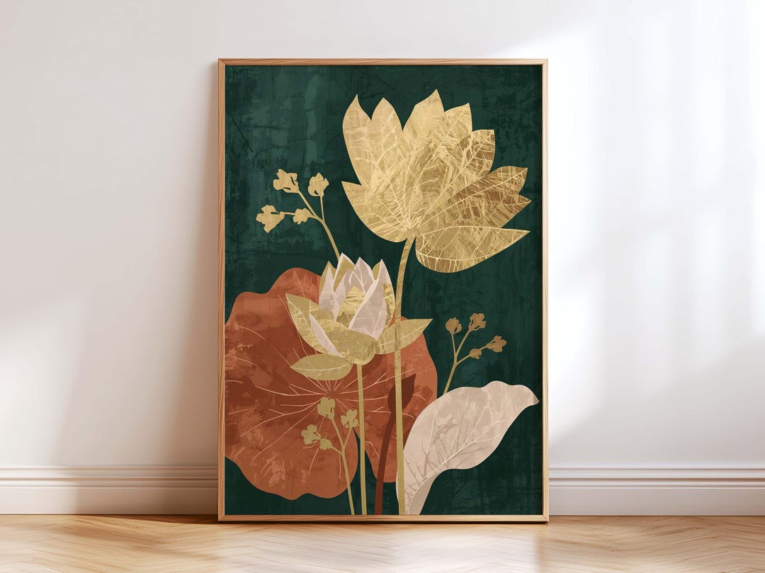 Gold Lotus Flower Wall Art Print, Mid Century Modern Botanical Poster ...