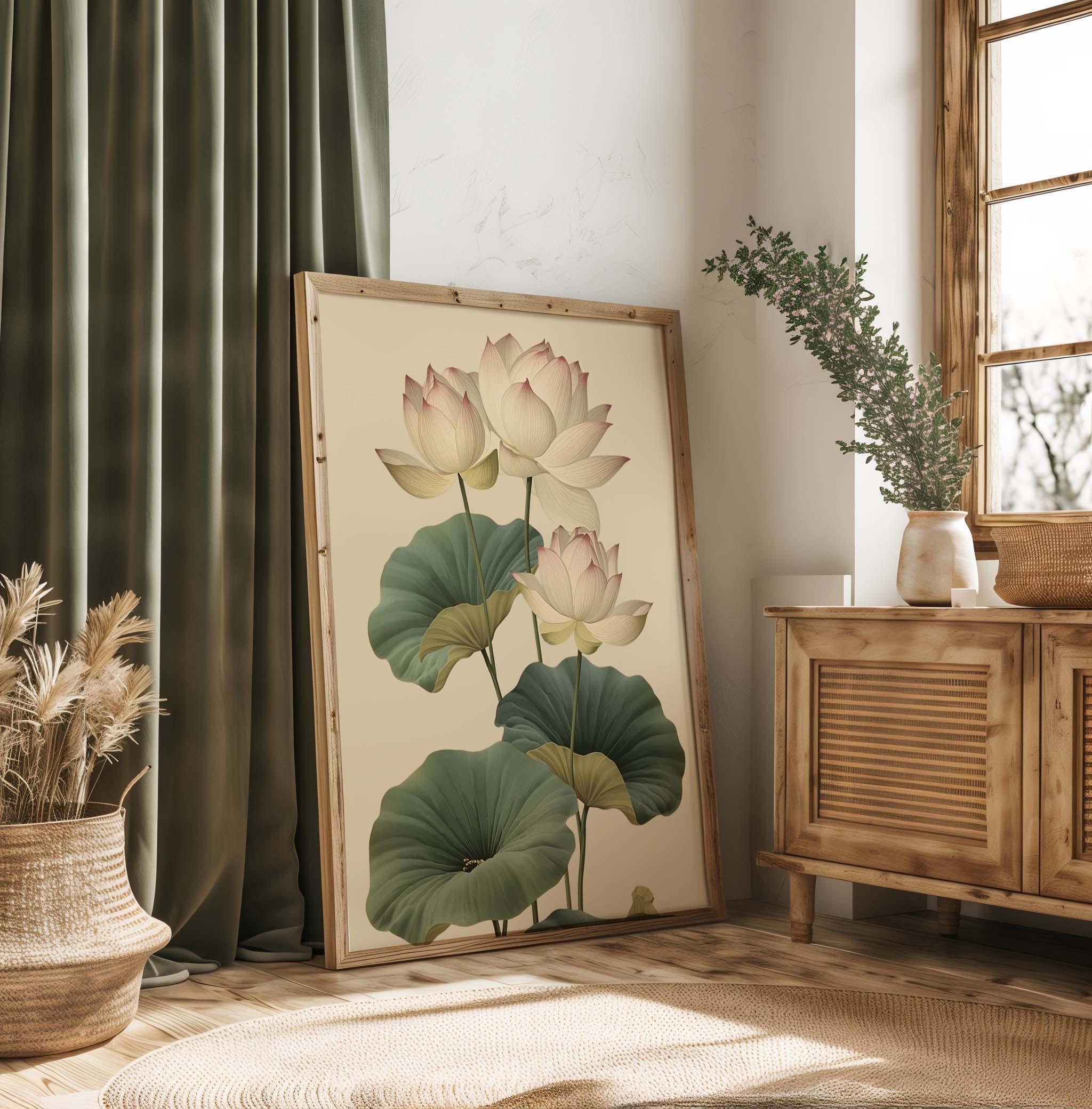 Vintage Lotus Flower Wall Art Print | Botanical Lotus Illustration ...