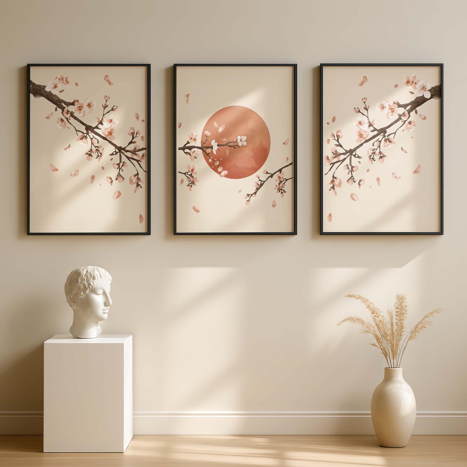 Japandi Sakura Triptych Wall Art, Set of 3 Cherry Blossom Prints ...