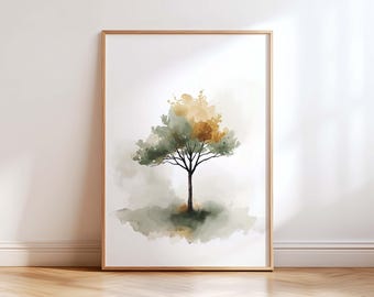 Watercolor Tree Wall Art, Japandi Wall Decor, Neutral Nature Print, Minimalist Botanical Poster, Wabi Sabi Living Room Decor