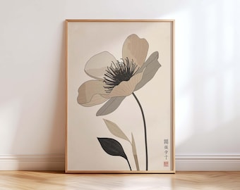 Minimalist Japandi Flower Wall Art, Neutral Botanical Print, Japanese Zen Floral Illustration, Modern Beige Home Decor