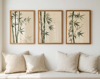 Japandi Bamboo Wall Art Set of 3, Zen Botanical Prints, Minimalist Neutral Asian Decor, Scandinavian Living Room Bedroom Art