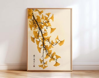 Japandi Ginkgo Wall Art Print, Japanese Minimalist Botanical Art, Zen Neutral Home Decor, Modern Asian Wall Art Poster