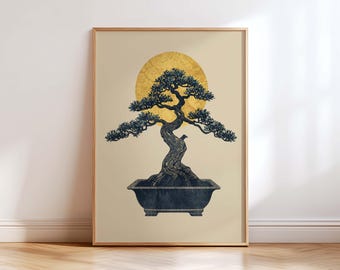 Japanese Bonsai Tree Wall Art Print, Japanese Zen Minimalist Art, Wabi Sabi Botanical Decor, Neutral Beige Asian Wall Art, Living Room