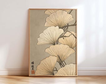 Japanese Ginkgo Leaf Ukiyo-e Wall Art Print, Beige Botanical Poster, Japanese Neutral Beige Nature Decor, Minimalist Zen Asian Home Art