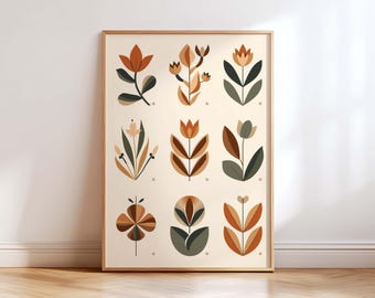 Mid Century Modern Botanischer Wandkunst-Set, Abstrakter Blumendruck, Japandi Neutrale Erdton-Wanddekoration, Minimalistische Retro Wohnkunst