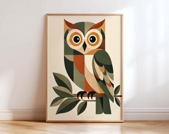 Owl Wall Art Print, Retro Geometric Owl Art, Mid Century Modern Wall Decor, Vintage Woodland Animal Print, Earthy Nature Poster