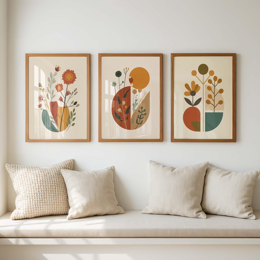 Mid Century Modern Botanical Print Set of 3, Abstract Floral Wall Art ...