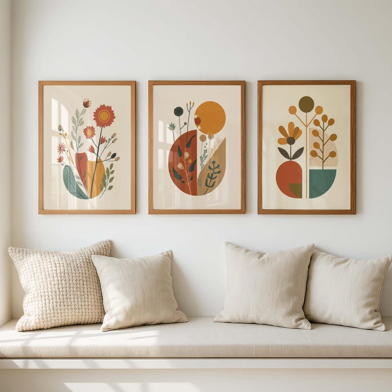 Mid Century Modern Botanical Print Set of 3, Abstract Floral Wall Art ...