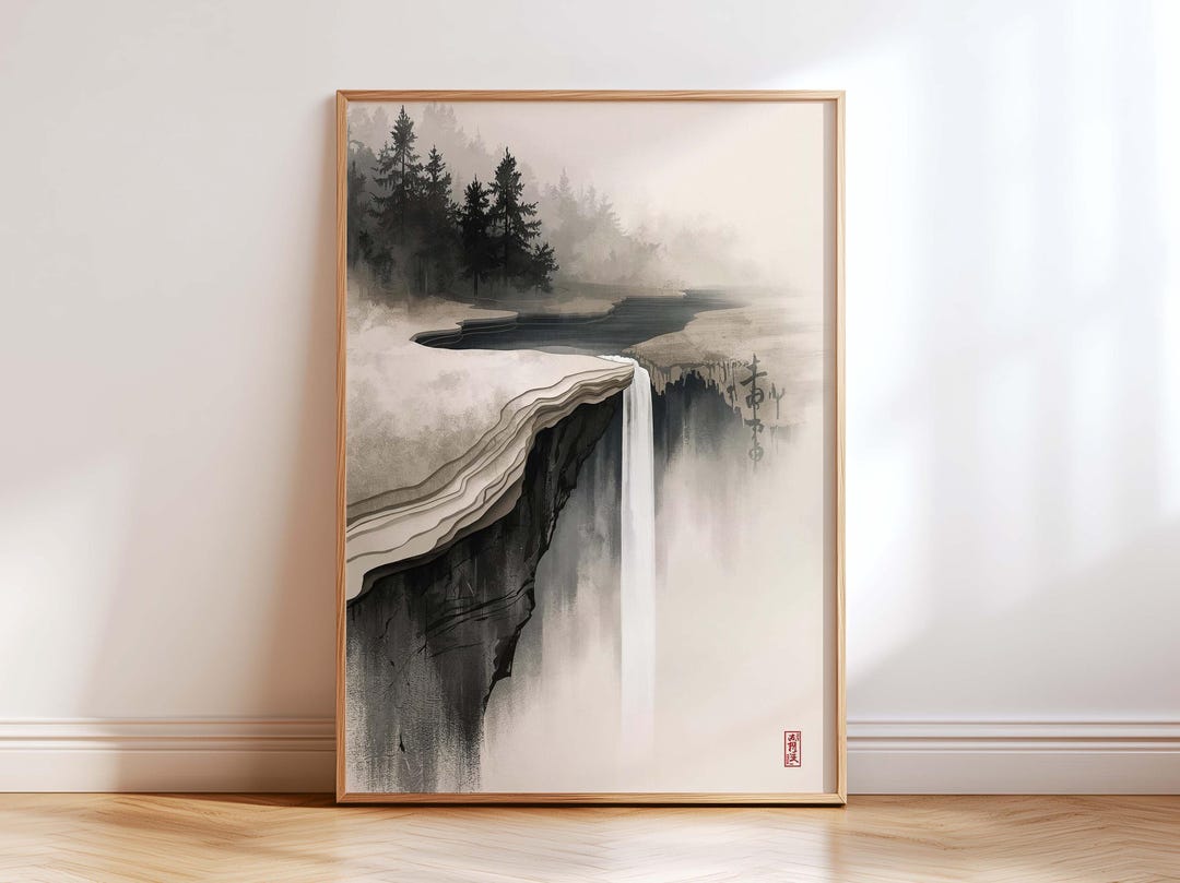 Japanese Waterfall Wall Art Print, Zen Ink Landscape, Minimalist Wall ...