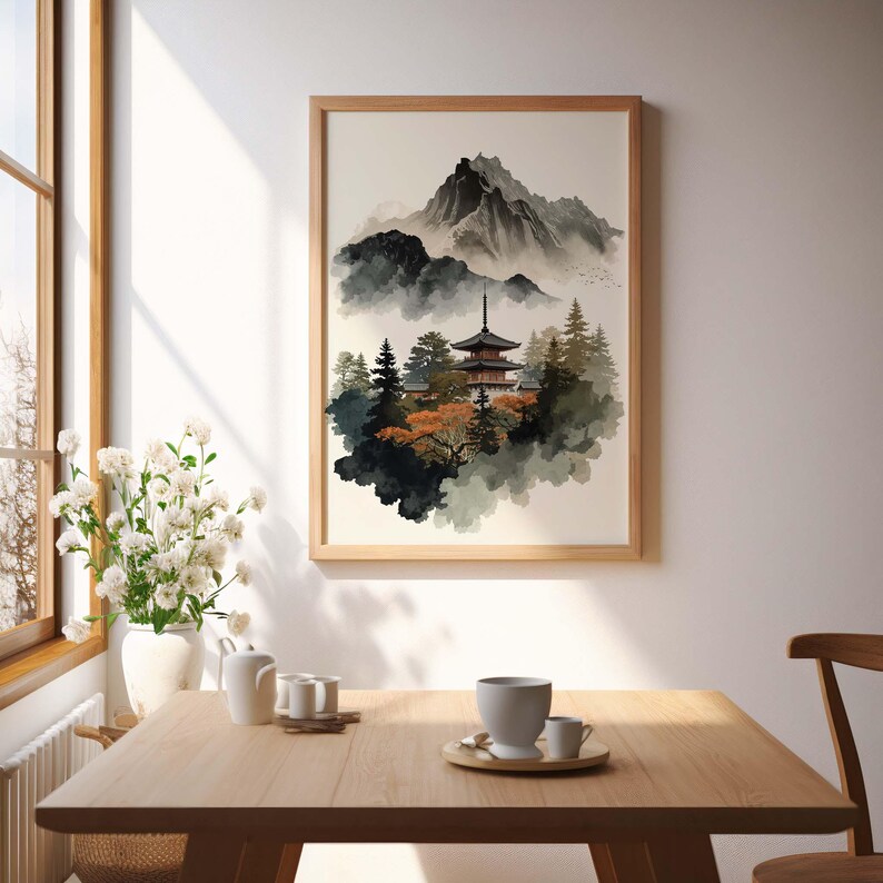 Mountain Temple Japanese Wall Art Print, Japandi Landscape Pagoda ...