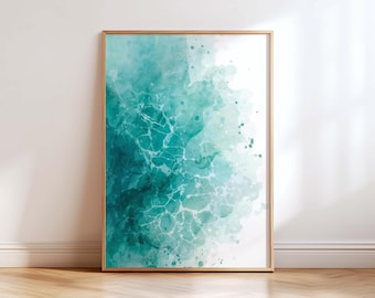 Abstract Coastal Wall Art Print, Teal Ocean Watercolor Painting, Turquoise Beach Decor, Modern Aqua Artwork, Minimalist Coastal Home Decor