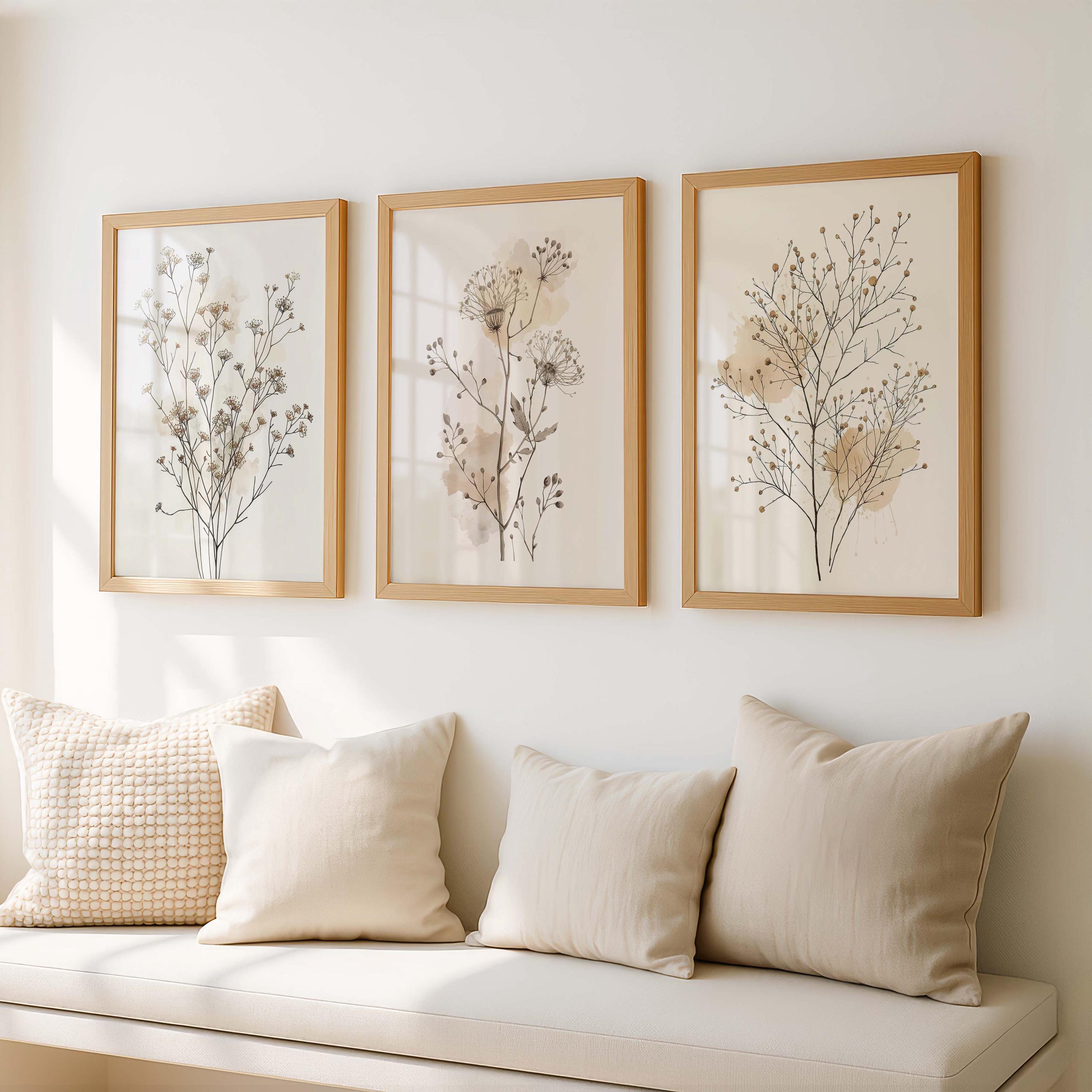 Botanical Wall Art Set of 3, Neutral Floral Print, Minimalist Beige ...