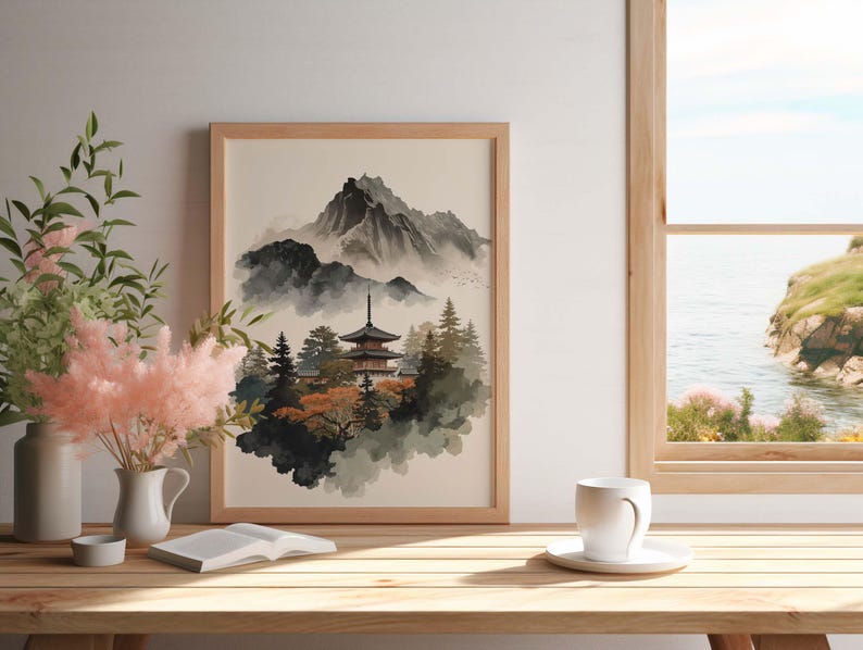 Mountain Temple Japanese Wall Art Print, Japandi Landscape Pagoda ...