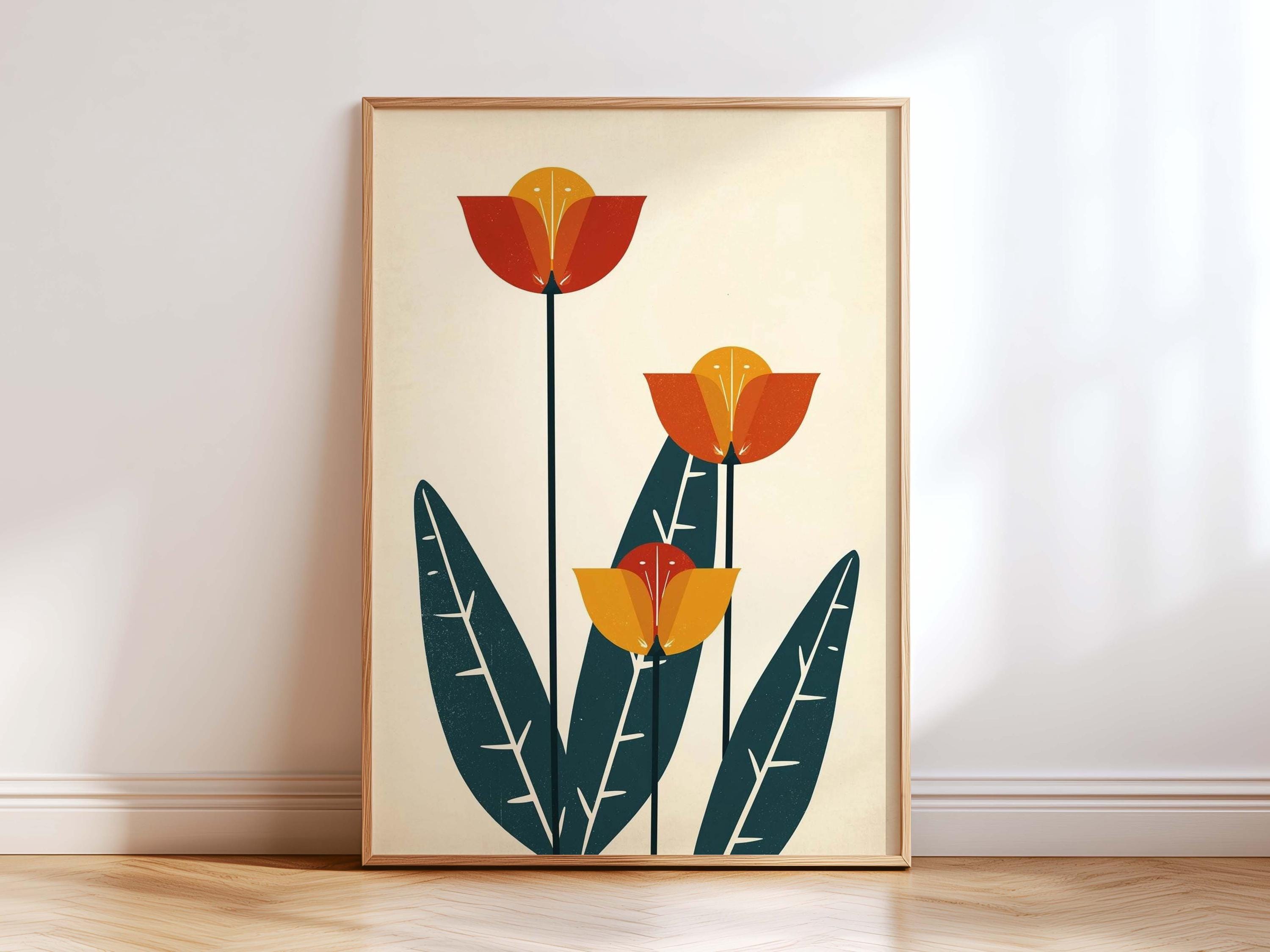 Mid Century Modern Floral Wall Art Print, Retro Scandinavian Flower ...