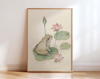 Frog & Lotus Pond Wall Art Print, Vintage Japanese Botanical Illustration, Japandi Zen Nature Decor, Minimalist Frog Artwork