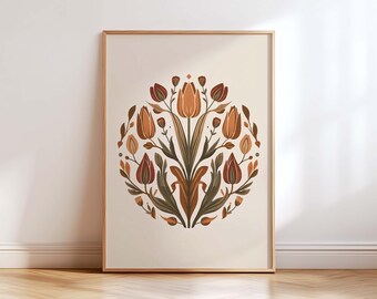 Scandinavian Folk Tulip Wall Art Print, Boho Floral Poster, Vintage Nordic Botanical, Earth Tone Minimalist Decor