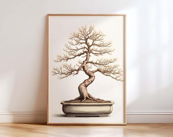 Japanese Bonsai Tree Wall Art Print, Minimalist Zen Botanical Artwork, Neutral Japanese Scandinavian Decor