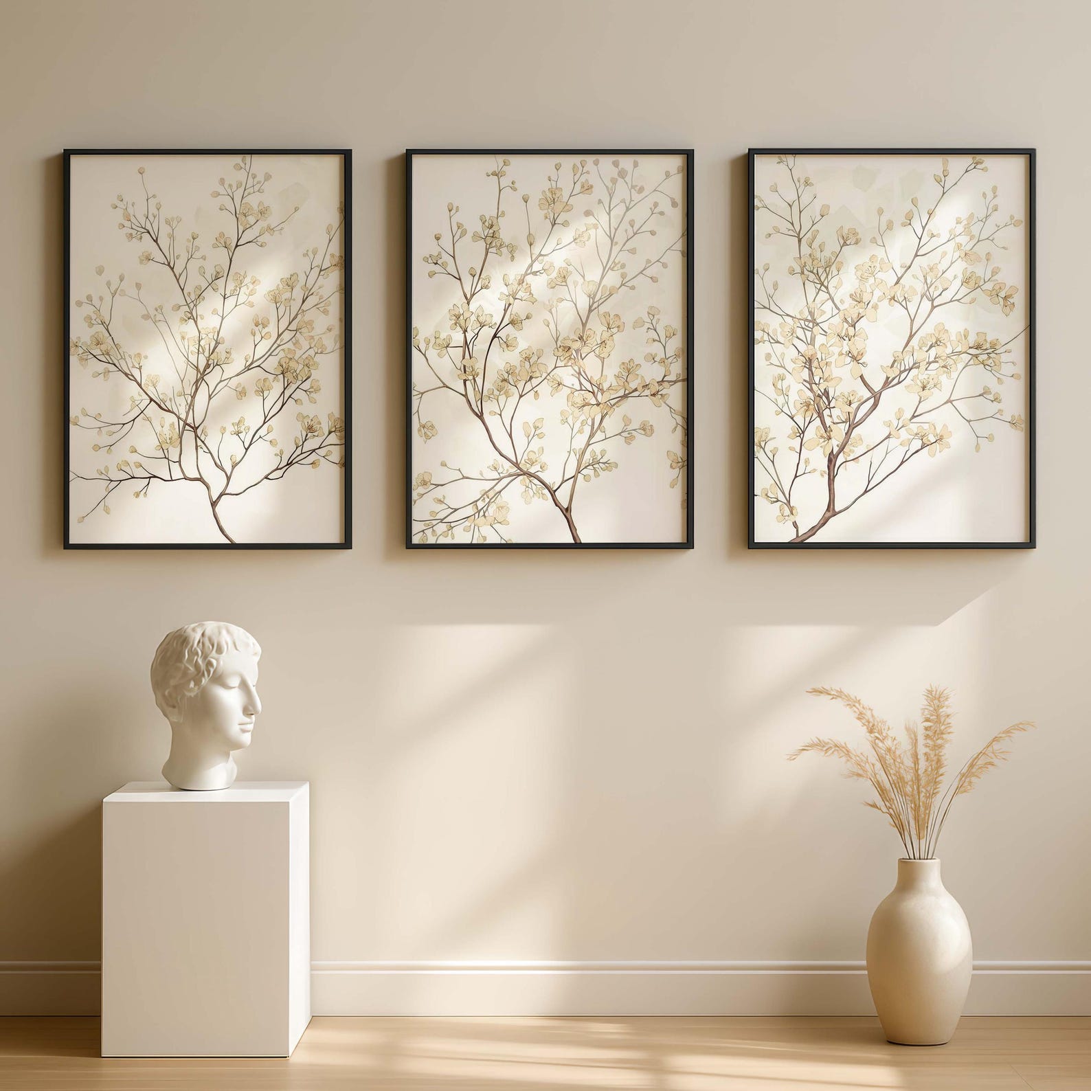 Japandi Botanical Wall Art Set of 3, Neutral Beige Floral Art Prints ...