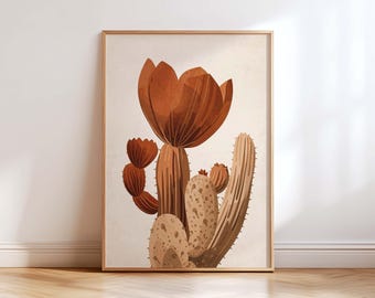 Terracotta Desert Cactus Wall Art, Mid Century Modern Botanical Print, Boho Southwestern Flower Poster, Neutral Minimalist Living Room Decor