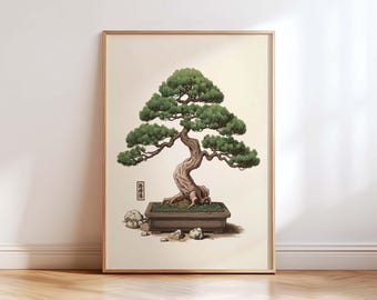 Japanese Bonsai Tree Wall Art Print, Zen Japandi Decor, Wabi Sabi Botanical Illustration, Minimalist Asian Wall Art, Neutral Home Decor