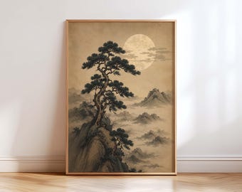 Pine Tree Japanese Landscape Print, Misty Moon Wall Art, Japandi Decor, Ukiyo-e Mountain Poster, Vintage Zen Nature Art