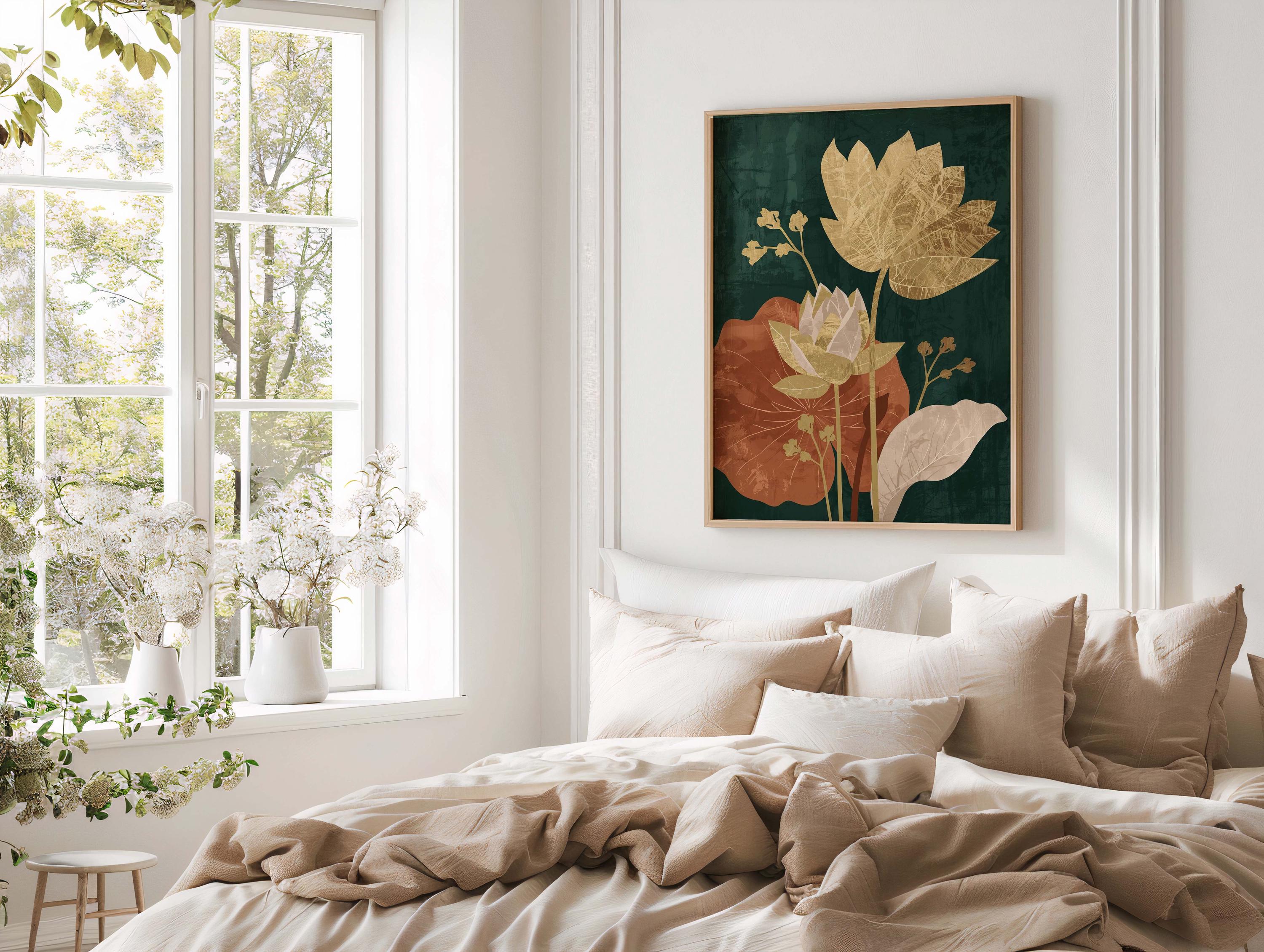 Gold Lotus Flower Wall Art Print, Mid Century Modern Botanical Poster ...