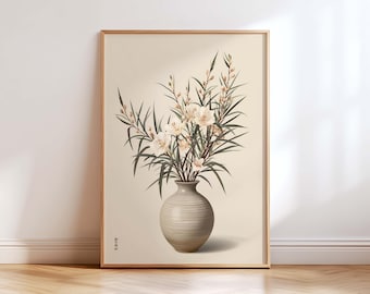 Japanese Botanical Flower Vase Wall Art Print, Oriental Floral Minimalist Decor, Neutral Asian Flower Artwork for Living Room Bedroom