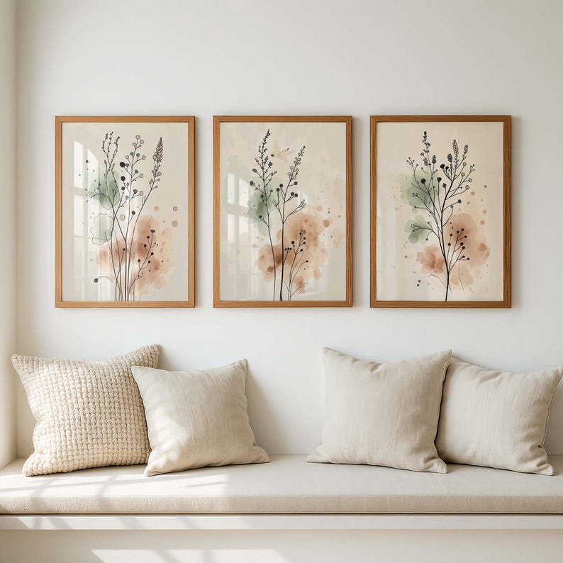Botanical Wall Art Set of 3, Neutral Floral Print, Minimalist Sage ...