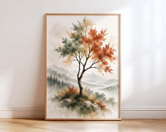 Watercolor Japandi Tree Wall Art, Japanese Autumn Landscape Print, Neutral Nature Decor, Mountain Lake Artwork