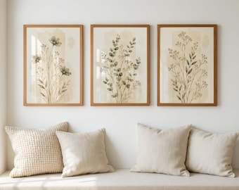 Neutral Botanical Wall Art Set of 3, Vintage Wildflower Prints, Beige Floral Triptych, Rustic Farmhouse Wall Decor, Scandinavian Home Art