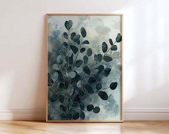 Moody Eucalyptus Wall Art Print, Dark Botanical Leaves, Teal Green Abstract Nature Poster, Modern Minimalist Wall Decor, Living Room Art