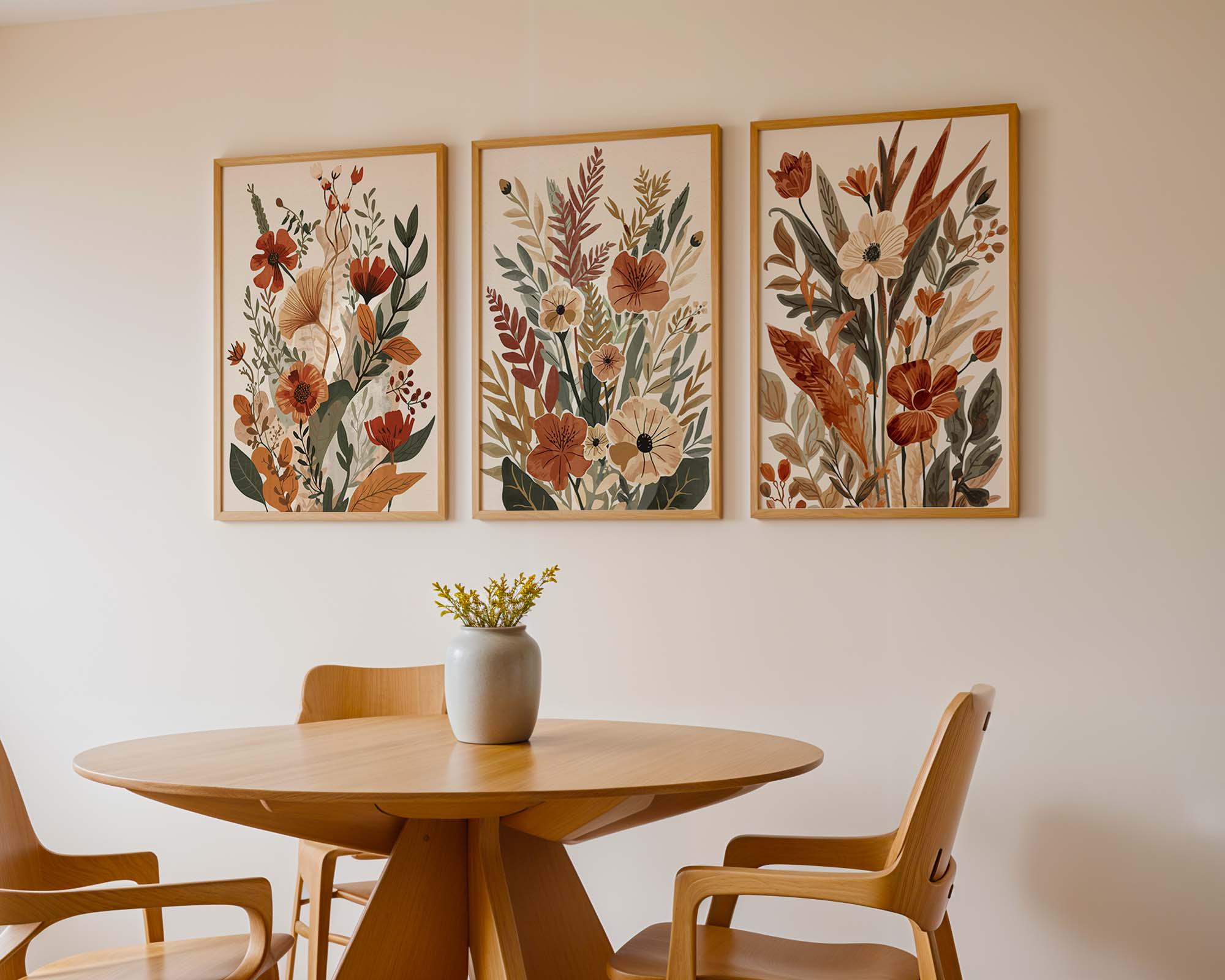 Boho Botanical Wall Art Set of 3, Terracotta Floral Prints, Neutral ...