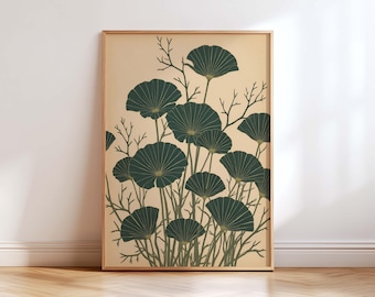 Dark Green Botanical Wall Art Print, Japandi Scandinavian Decor, Neutral Leaf Poster, Boho Living Room Organic Artwork