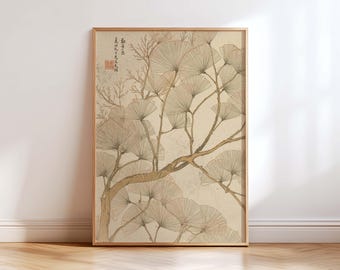 Vintage Japanese Ginkgo Branches Wall art Print | Botanical  Minimalist Wall Art | Neutral Asian Zen Home Decor