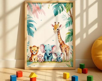 Safari Nursery Wall Art Baby Animals Print Jungle Nursery Decor Watercolor Giraffe Elephant Lion Neutral Kids Room Poster Digital Download