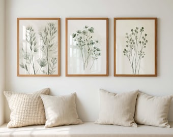 Botanisk väggkonst set med 3 tryck, akvarell med salviagröna blad, Japandi neutral minimalistisk väggdekoration