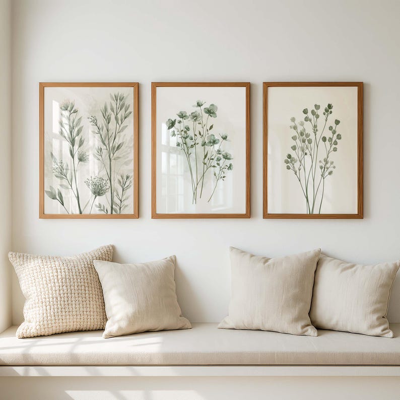 Botanical Wall Art Set of 3 Prints, Sage Green Leaf Watercolor, Japandi ...