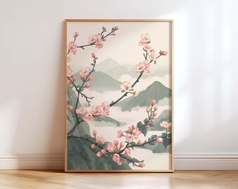 Cherry Blossom Wall Art, Sakura Japanese Landscape Print, Japandi Zen Decor, Soft Neutral Floral Poster, Calm Minimalist Home Aesthetic
