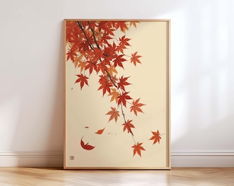 Autumn Maple Leaf Wall Art, Japanese Japandi Botanical Print, Minimalist Zen Nature Decor, Beige Wall Art