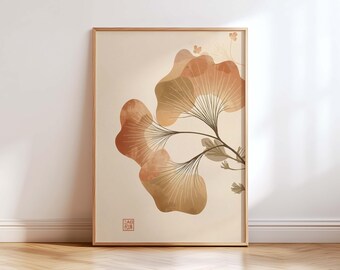Japanese Ginkgo Leaf Wall Art Print, Neutral Botanical Poster, Minimalist Japandi Decor, Zen Nature Artwork, Beige Earth Tone Wall Decor