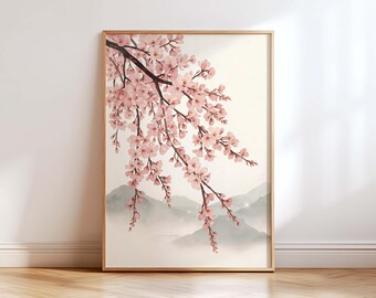 Lámina decorativa de pared en flor de cerezo Sakura, decoración floral japonesa para pared, paisaje zen japonés, arte minimalista de flores rosas, decoración de naturaleza asiática.