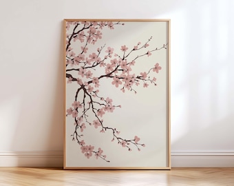 Sakura Cherry Blossom Wall Art Print, Minimalist Japanese Floral Branch, Japandi Neutral Home Decor, Botanical Poster
