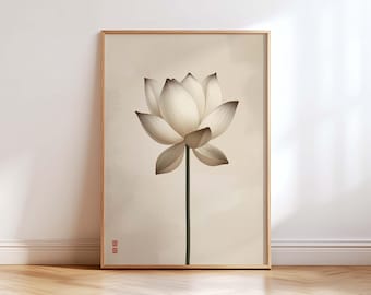 Lotus Flower Wall Art, Japandi Botanical Print, Neutral Beige Zen Decor, Minimalist Nature Artwork, Living Room Bedroom Decor, Home Art